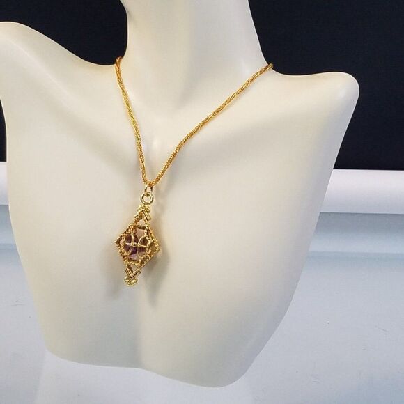 Vintage Mid Century Gold Tone Pendant Necklace Amethyst Rose Quartz 23" Chain - Picture 3 of 8